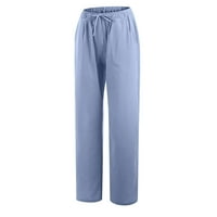 Ženske modne ženske hlače Ležerne hlače Žene Ležerne prilike pune pamučne posteljine od elastične struke duge hlače s dugim širokim nogama svijetlo plava l