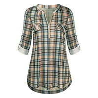 Pupčev plaid tops Tunic bluza V-izrez otisnuta majica Rolded Womens rukava za ženska bluza Ženska bluza