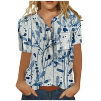 Qcmgmg Henleyji košulja Ženski gumb dolje Grafički labav fit bluza Kratki rukav Ležerni ljetni tee plavi