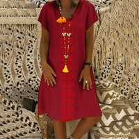 Ljetne haljine za žensko rešeno rečeno, tiskani ručni haljini bez rukava A-line V-izrez za odmor crvena