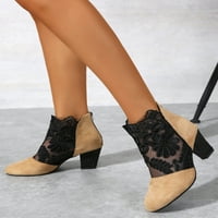 Oucaili ženske modne čizme čipke čipke cipele sa visokom petom, casual čizme za gležnjeve okrugle cipele