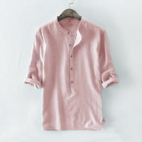 Muški vrhovi zazor kuće Vintage Mid-SleevePure Casual Dugme Posteljina majica Bluza Pink