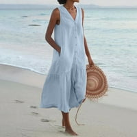Haljine za žene Čvrsta V-izrez sunčana haljina za sunčanje Teksturirana ljetna haljina bez rukava Plava