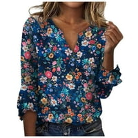 Dyegold ženski rukav V izrez Dressy casual etničko cvjetno print vintage tunika bluza labava trendi grafička majica