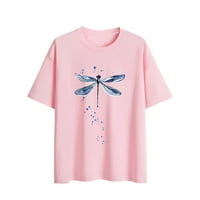 Ženske trendi grafičke teberske odjeće za žensko čišćenje Clears Crewneck vrhovi Valentines Day Plus Veličina modnih T majica Kratki rukav Dragonfly uzorak Pink XXXL