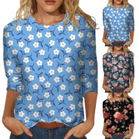 Majice za žene T majice Ljetni vrhovi okrugli vrat Troje četvrtina rukave Cvjetna cvjetna bluza