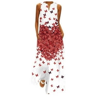 Clearsance Ljetne haljine za žene zarez vrata Maxi casual a-line ispisane haljine bez rukava crvena