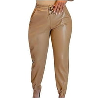 Casual pantalone za žene modne kožne hlače vrećaste pantalone za crtanje čvrste tamke u boji sa džepovima