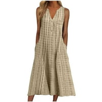 Ženska modna casual bez rukava V rect Stripe Print PocketsMaxi haljina Duljina koljena Dress Women Gumb