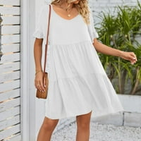Ženska ljetna casual haljina slatka V rezervna razina ruffle hem babydoll haljina od pune vrećice mini haljine sa džepom, bijeli XS