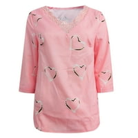 Hoksml Proljetne odjeće za žene Žene Modni ispisani V-izrez čipkasti patchwork majica s rukavima vrhovi