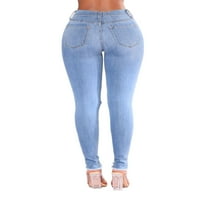 JUSDDIE Ženske dno Dno Zipper Skinny Jeans Gumb Traperice za odmor Uništeno plaža svijetlo plava s