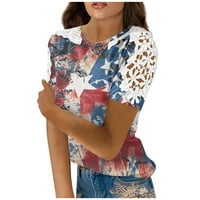 Vrhovi za žene modna čipka šuplje neovisnosti tiskani okrugli vrat kratkih rukava majica vrh