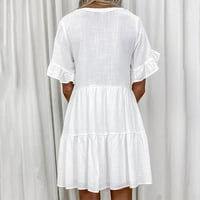 FINELYLOVE Ljetne haljine sundrese za ženu V-izrez cvjetni kratki rukav sunčani haljina bijela