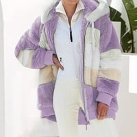 Softmallow zimski plišani kaput za žene u boji blok dugih rukava cardigan casual labav montažna jakna s kapuljačom