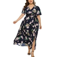 Clearsance Ljetne haljine za žene Sredina Ležerna Cvjetna kratka rukava A-line V-izrez Dress Blue 3xl
