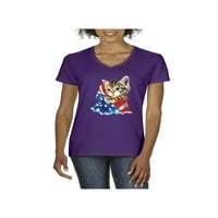 Ženska majica s kratkim rukavima V-izrez - američka zastava 4. jula Kitty