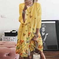 Tking modni ženski okrugli vrat s dugim rukavima cvjetni print midi haljina casual haljina žuti xl