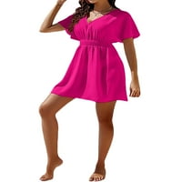LAMUUSAA Žene Ljetna casual haljina Čvrsta boja V-izrez kratki rukav Mini haljina modna haljina za sunčanje za sunčanje