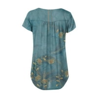 Hanas vrhovi ženski vintage cvjetni ispis plutajući kratki rukav ležerni majica dugme Top pulover plavi