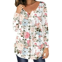 Žene plus veličine Tunic Tops casual cvjetni ispis bluza s dugim rukavima V izrez Henley majice bijela