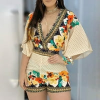 Yubatuo Jumpsuits za žene Ženske dame modni cvjetovi Dubinski V-izrez kratkih rukava Kombinezonske hlače