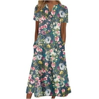 Haljine za žene kratki rukav A-line Maxi usko ugradnja cvjetno zarez vrat ljetna haljina tamno siva