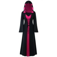 Žene udobne haljine- V vrat HALLOWEEN kapuljača čipka za patchwork dugih rukava duga haljina vruća ružičasta