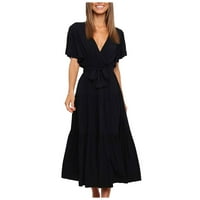 Clearsance Ljetne haljine za žene V-izrez Lood Srednja duljina od pune haljine s kratkim rukavima crna