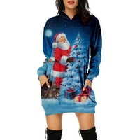 HFYIHGF Christrodie haljina za žene Reindeer Santa Graphic casual crewneck dres sa kapuljačom dugih rukava Tunic Tops plavi xl