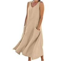 Pamučne platnene haljine za žene plus veličine casual solid boja v izrez bez rukava s džepovima