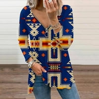 Ženski tunik dugih rukava vintage etnički stil Ispiši dukseriksirt Zipper V-izrez Tanka majica bluza pulover