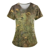 Bluze s kratkim rukavima na radnoj odjeći cvjetni vrhovi V-izrez ljeti za žene vojska zelena 3xl