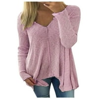 Niuer Dame majica V izrez TEE dugih rukava Majica obične tuničke bluze pulover čvrstog boja ružičasta