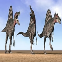 Tri spinosurus dinosaurusa koji stoje u pustinji pored dnevnog plakata