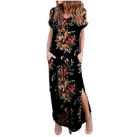 Ljetne haljine za žene s kratkim rukavima za tisak cvjetnog uzorka Okrugli izrez Maxi Split Loose Fit