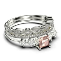 Godišnji prsten minimalistički 1. karat princeza morgatit i dijamantski prsten za angažman, nježan vjenčani prsten u sterlingu srebra sa 18k bijelim zlatnim oblogom, Trio setom, podudaranjem bendom