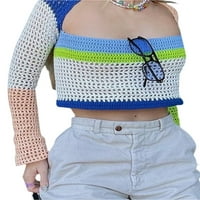 Ženska jesen pleteni džemper Crochet Boja blok patchwork dugih rukava izdubljeni out labavi usjev na