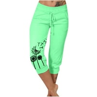 Safuny ženske kapri jogger hlače sa džepom ljetne jesene djevojke trendi maslačak print retro opušteni elastični struk pantalone za izvlačenje Comfy Green XXL