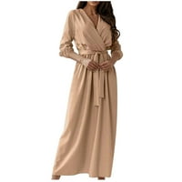 Aueoe ženska proljetna i jesenska haljina - V-izrez pune boje dugih rukava sa strukom Slim FIT suknja