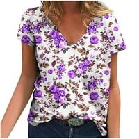 TKLPEHG T majice za ženske klirence kratkih rukava opušteno fit modni cvjetni ispis grafičar V izrez
