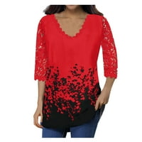 Ženske vrhove čipkasti rukavac V izrez T majica dame cvjetna bluza tuničke vrhove plus veličina crvena