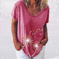 Modna žena V izrez tisak T majica bluza vrhovi dukserice kratkih rukava za žene, vruće ružičaste, m