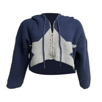 Modne žene Y2K obrezane džemper Cardigan Stars uzorak kontrastni uzorci s kapuljačom dugih rukava sa
