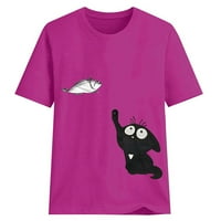 LeylayRay vrhovi za žene Ženska modna mačka Print okrugli vrat Majica kratkih rukava Hot Pink M