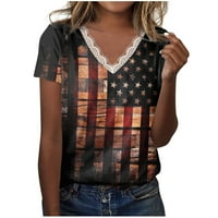 Žene povremene patriotske majice Trendy American Flag uzorak grafika 4. srpnja T-majice Top čipka TRIM V izrez Kratki rukav Tunnic TUNIC TEE majica Black XL